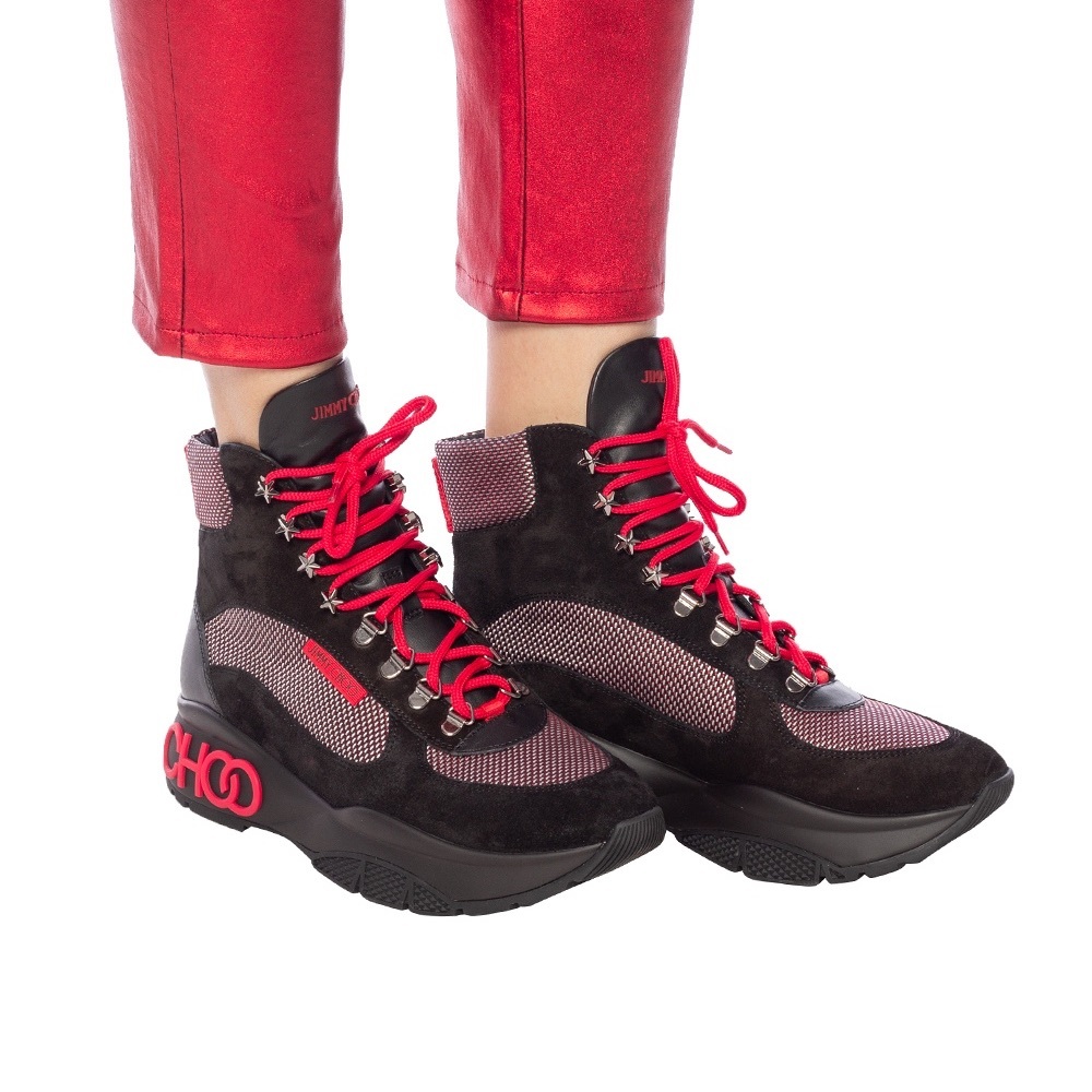 JIMMY CHOO
Inca Patchwork Platform Hiking Boots In Black and Red